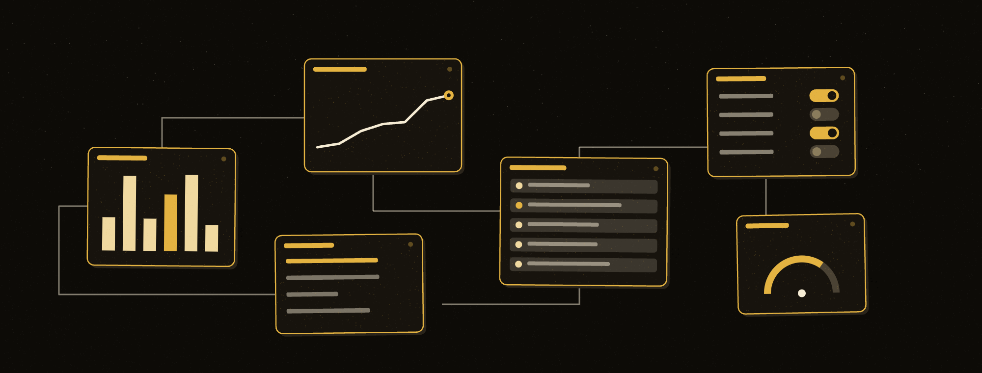 An admin control room — dashboards, charts, toggles and gauges wired together
